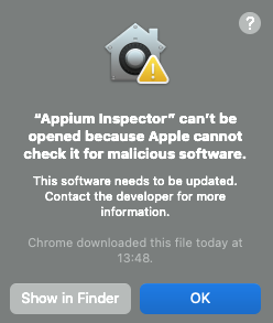 Appium Inspector Open Warning on macOS