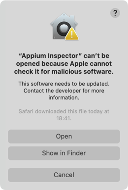 Appium Inspector Open Warning